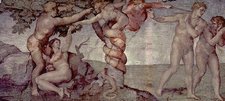 Deckenfresko zur Schöpfungsgeschichte in der Sixtinischen Kapelle, Hauptszene: Ursünde und Vertreibung aus dem Paradies (Wikipedia)