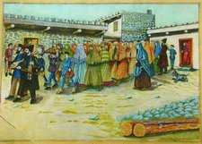 Shalom Koboshvili. Taking the bride to the bath house (Mikveh). watercolor on paper. 31.5 × 41.5cm (Wikipedia)